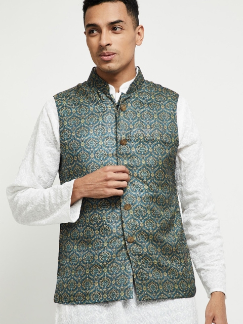 

max Men Blue Longline Tailored Jacket with Patchwork