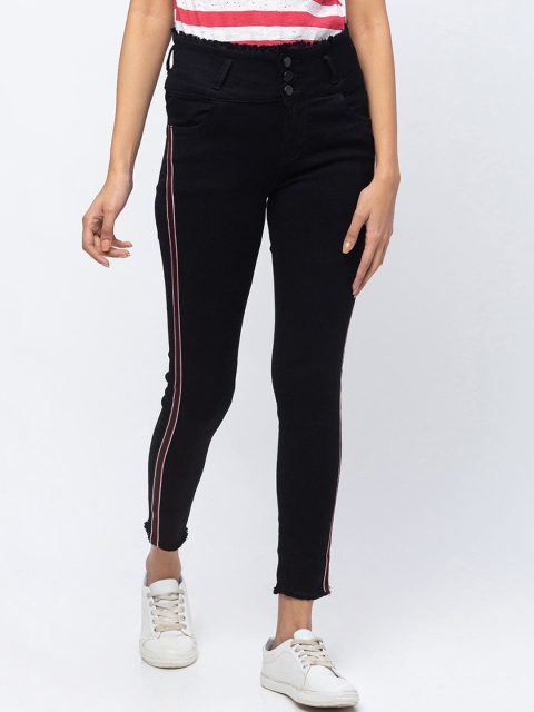 

ZOLA Women Black Side striped Frayed Crop Slim Fit Jeans