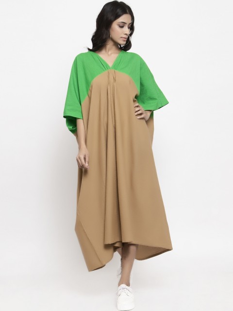 

THE SILHOUETTE STORE Beige & Green Colourblocked Kaftan Midi Dress