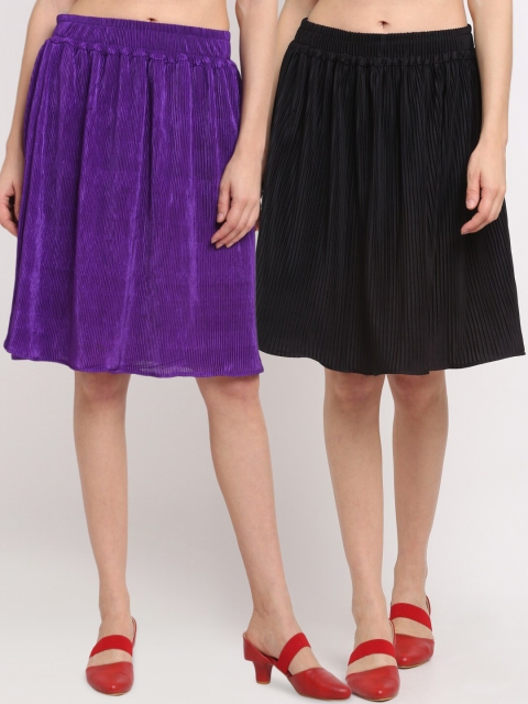 

NEUDIS Women Pack of 2 Solid Accordion Pleated Flared Knee-Length Skirts, Black