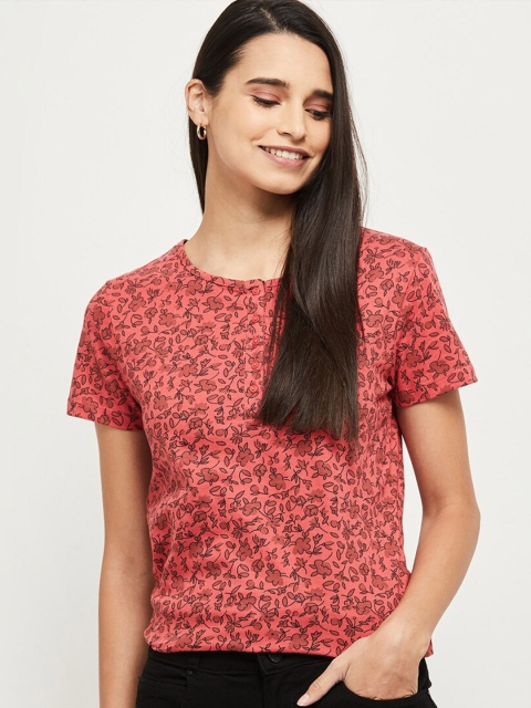 

max Women Pink Printed V-Neck T-shirt