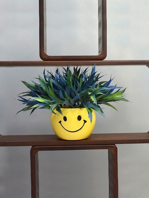 

fancy mart Blue & Green Artificial Bamboo Grass Smiley Metal Pot
