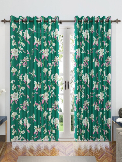 

Divine Casa Set Of 2 Green & White Floral Sheer Long Door Curtains