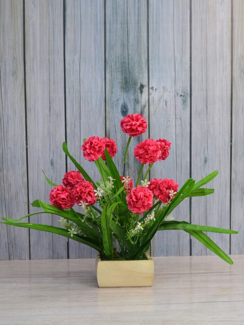 

fancy mart Pink & Green Artificial Delia Round Flower In Beige Square Wood Pot