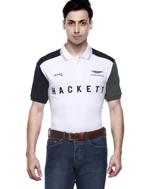 

HACKETT LONDON Men White & Black Typography Colourblocked Polo Collar T-shirt
