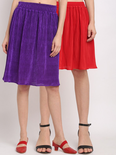 

NEUDIS Women Pack Of 2 Solid Accordian Pleated A-Line Skirts, Purple