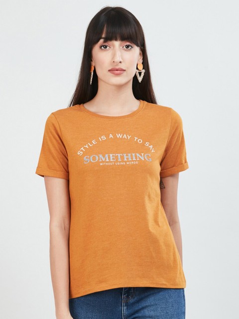 

max Women Mustard Yellow Printed Pure Cotton T-shirt
