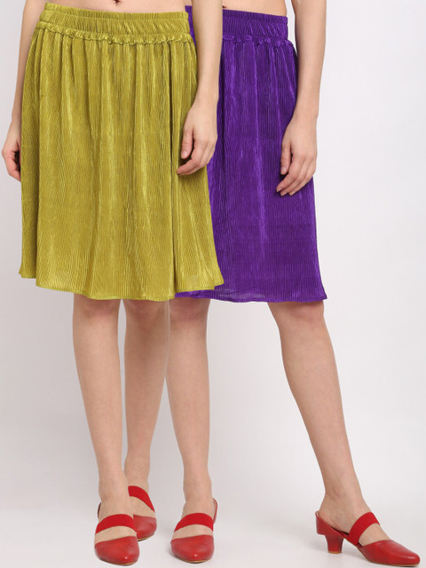 

NEUDIS Set of 2 Green & Purple Knee Length Flared Skirts