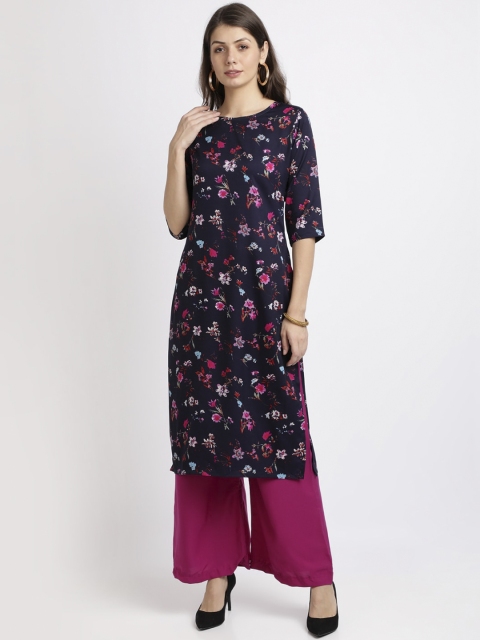 

Florence Women Navy Blue Floral Printed Crepe Kurta