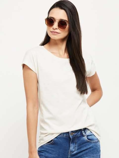 

max Women Cream Coloured Placement Printed Extended Sleeves Cotton Pure Cotton T-shirt