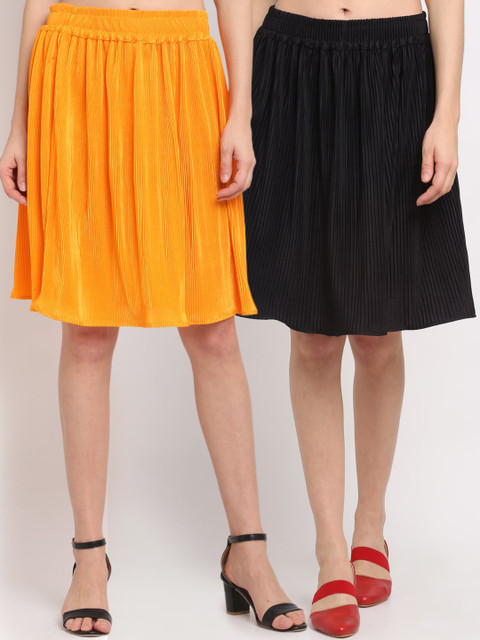 

NEUDIS Women Set Of 2 Black & Yellow Solid Accordion Pleat Midi Flared Skirts