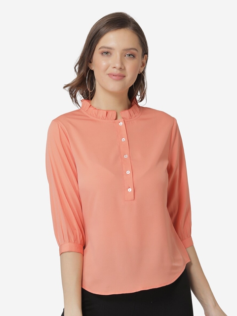 

Modriba Peach Mandarin Collar Shirt Style Top