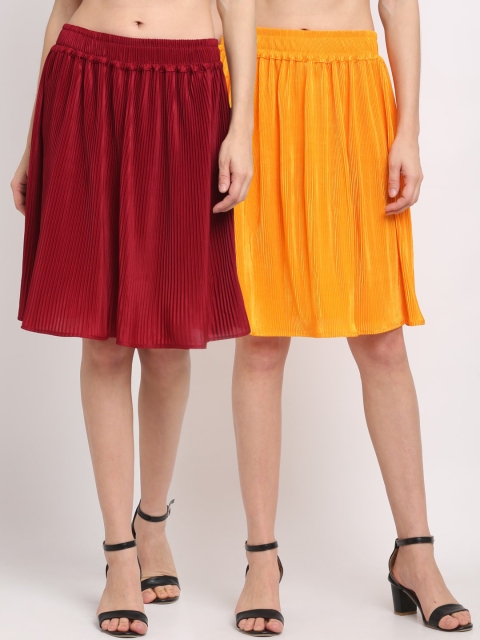 

NEUDIS Women Pack Of 2 Solid Flared Knee-Length Accordion Pleated Skirts, Maroon