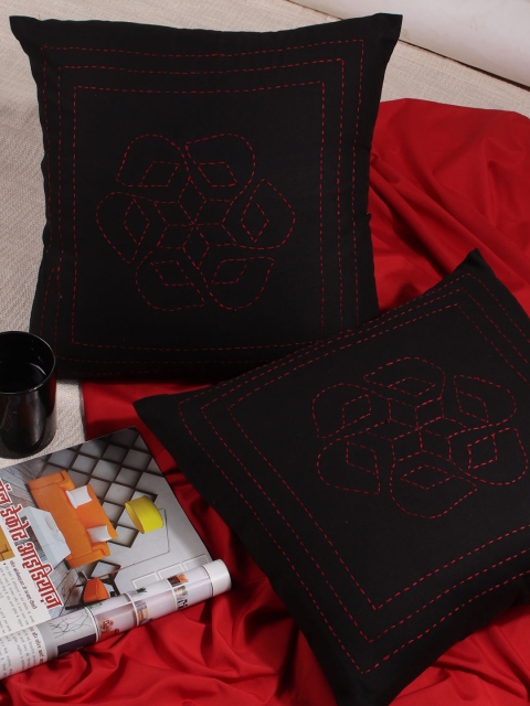 

Molcha Set Of 2 Black & Red Embroidered Square Cushion Covers