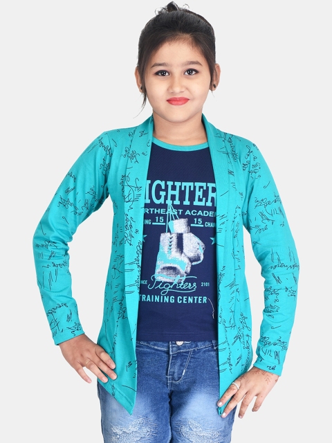 

Fabshio Girls Turquoise Blue Printed Shrug
