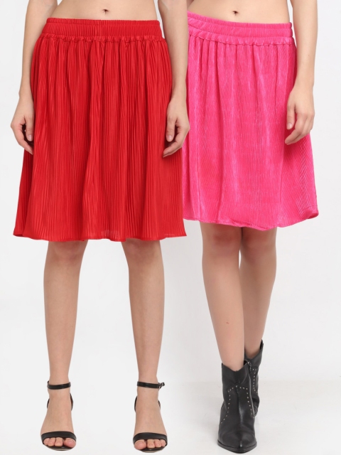 

NEUDIS Women Pack Of 2 Solid Accordion Pleated Flared Knee-Length Skirts, Pink