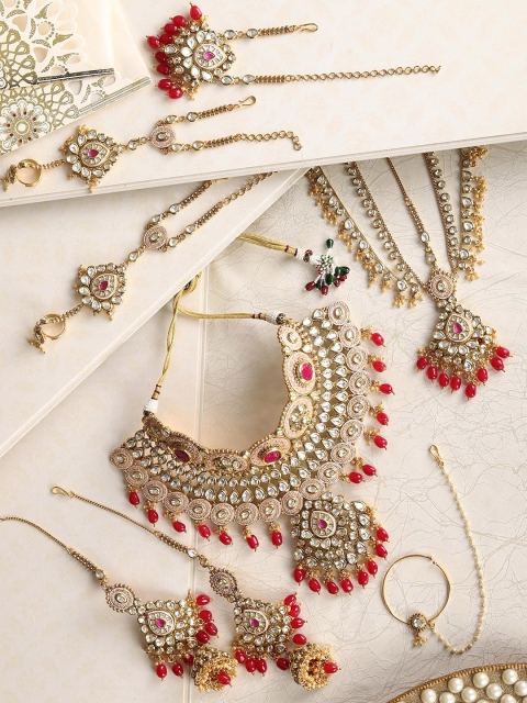 

Priyaasi Gold-Plated Red & Pink Stone-Studded & Kundan Beaded Jewellery Set