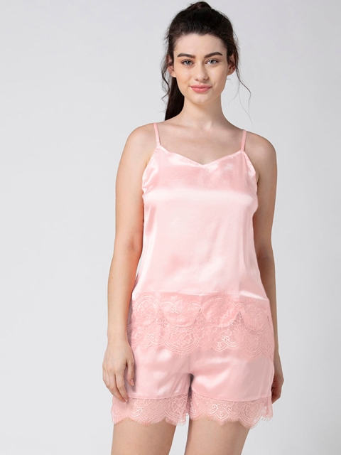 

ADORENITE Women Pink Satin Lace Trimmed Night suit of Camisole with Shorts
