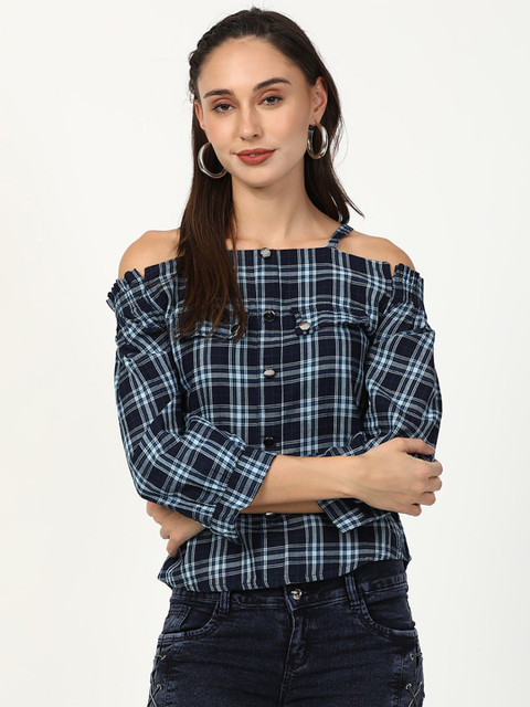 

V2 Value & Variety Navy Blue & Black Checked Bardot Top