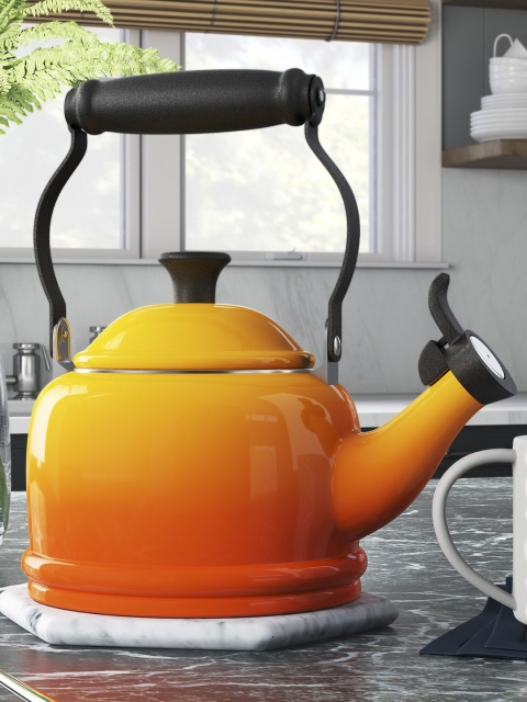 

LE CREUSET Orange & Yellow Printed Brass Glossy Kettle