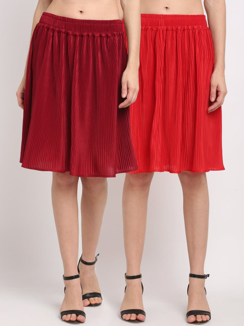 

NEUDIS Women Pack Of 2 Maroon & Red Solid Accordion Pleat Midi Flared Skirts