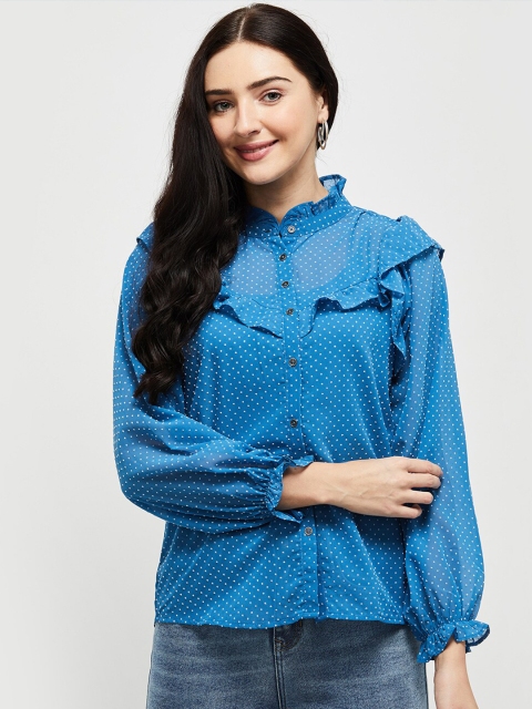 

max Blue Mandarin Collar Shirt Style Top