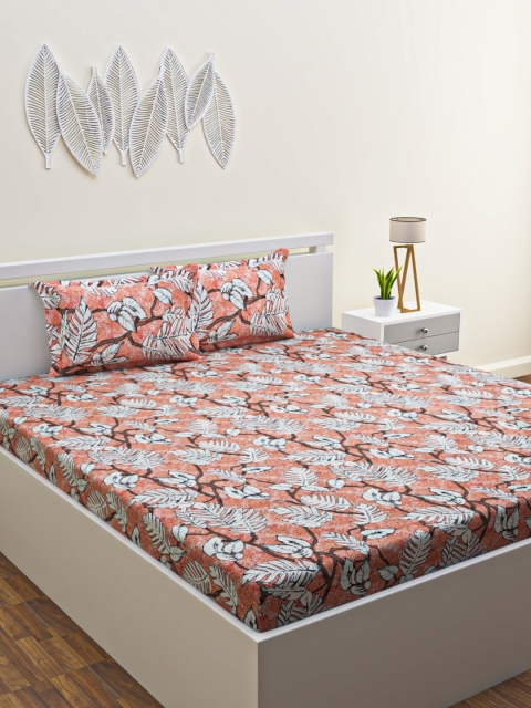 

HOME AFFAIRS Orange & Off White Floral 220 TC King Bedsheet with 2 Pillow Covers