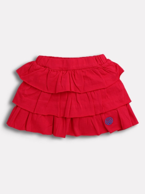 

TAMBOURINE Girls Red Solid Pure Cotton Flared Mini Tiered Skirt