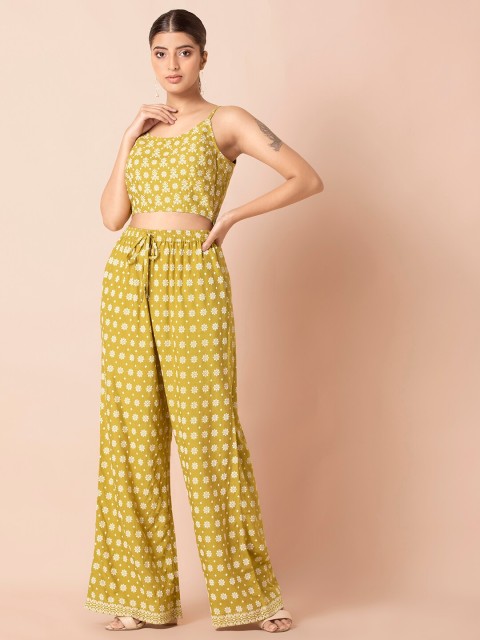 

INDYA Women Olive & White Printed Top with Palazzos