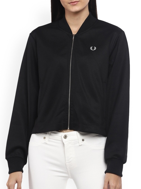 

Fred Perry Women Black Checked Longline Sporty Jacket with Embroidered