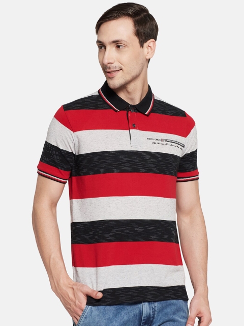 

Monte Carlo Men Red & Grey Striped Polo Collar Applique Slim Fit T-shirt