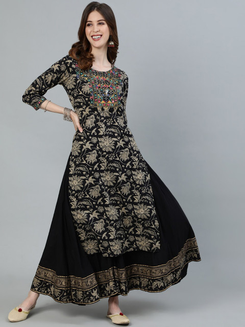 

Ishin Women Black Ethnic Motifs Printed Pure Cotton Kurta with Skirt