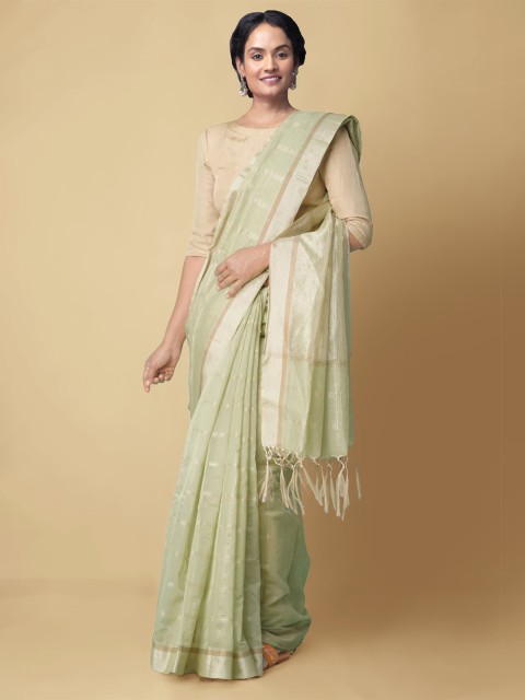 

Unnati Silks Green Woven Design Zari Silk Cotton Banarasi Saree