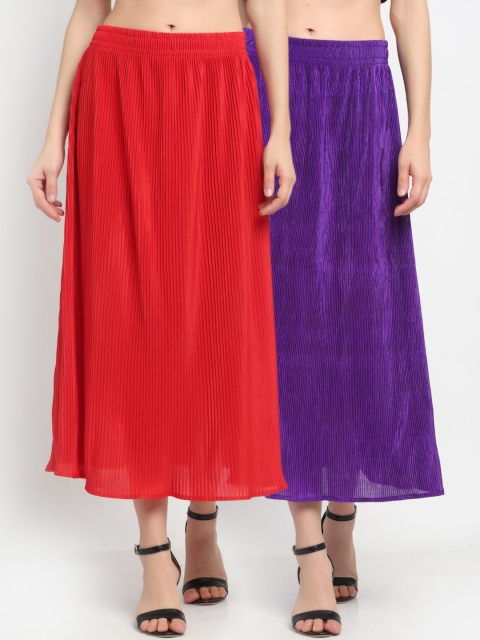 

NEUDIS Women Pack of 2 Solid Accordian Pleat A-Line Maxi Skirts, Purple