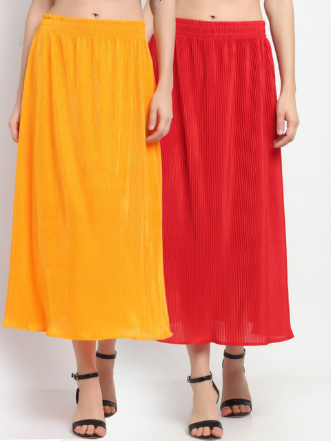 

NEUDIS Women Pack Of 2 Red & Yellow Solid Accordian Pleat A-Line Maxi Skirts