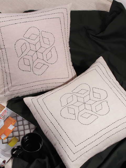 

Molcha White & Black Set of 2 VEda Jaal Hand Embroidered Square Cushion Covers