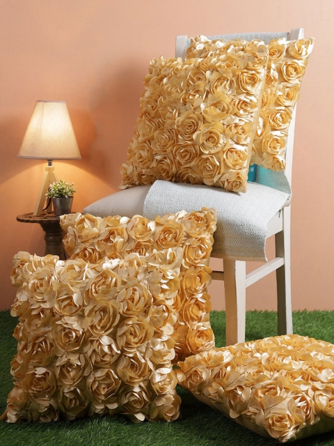 

ROMEE Yellow Set of 5 Floral Square Cushion Covers