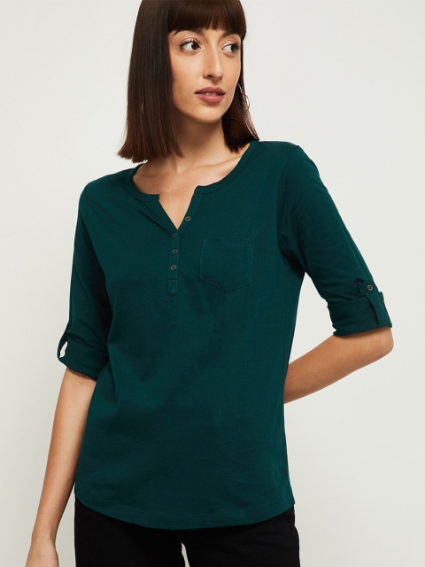 

max Women Green Henley Neck Roll-Up Sleeves Cotton Pure Cotton T-shirt