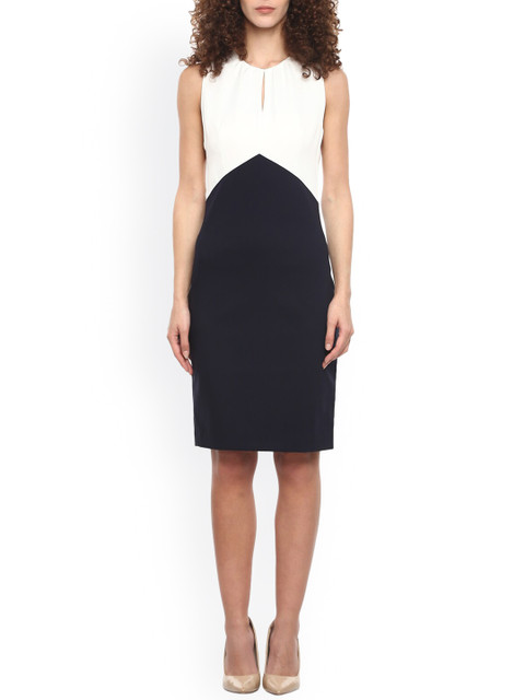 

Ted Baker Navy Blue & White Colourblocked Keyhole Neck A-Line Dress