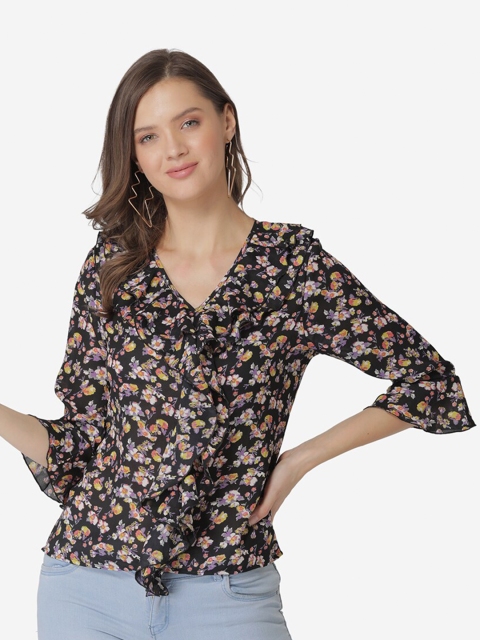 

Modriba Black & Lavender Floral Printed Bell Sleeve Ruffles Georgette Regular Top