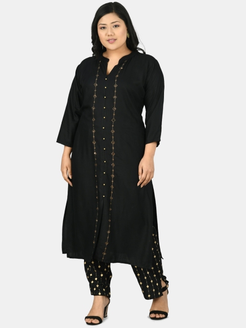 

PrettyPlus by Desinoor.com Women Black Embellished & Printed Kurta with Trousers