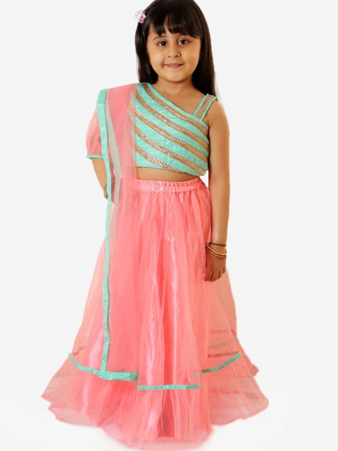 

KID1 Girls Green & Pink Embellished Ready to Wear net Lehenga & Blouse With Dupatta