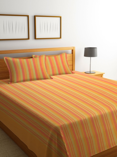 

NEUDIS Yellow & Pink Striped Cotton 1 Double King Bedcover With 2 Pillow Covers