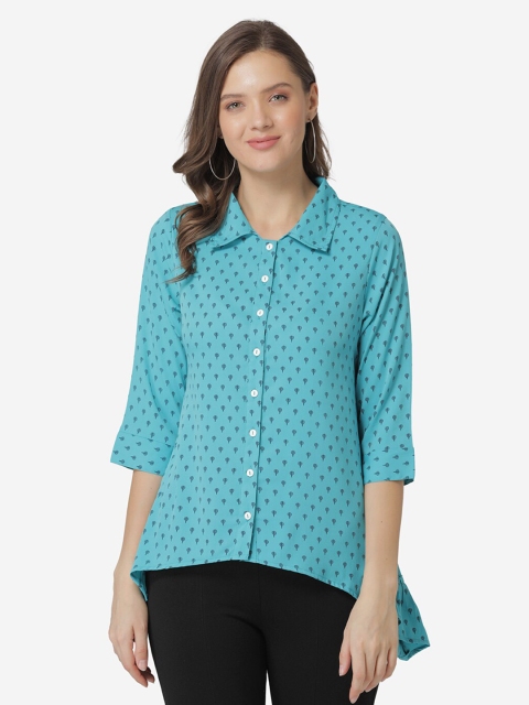 Modriba Turquoise Blue Shirt Collar Printed High-Low Tunic