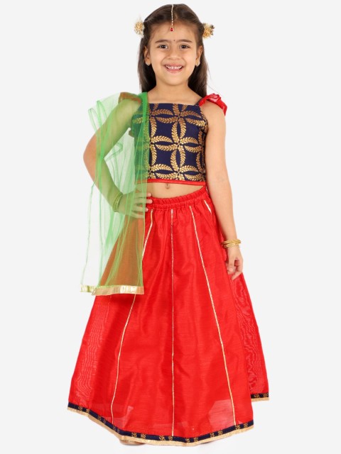 

KID1 Girls Navy Blue & Red Embroidered Ready To Wear Lehenga Choli Dupatta With Mang TIkka
