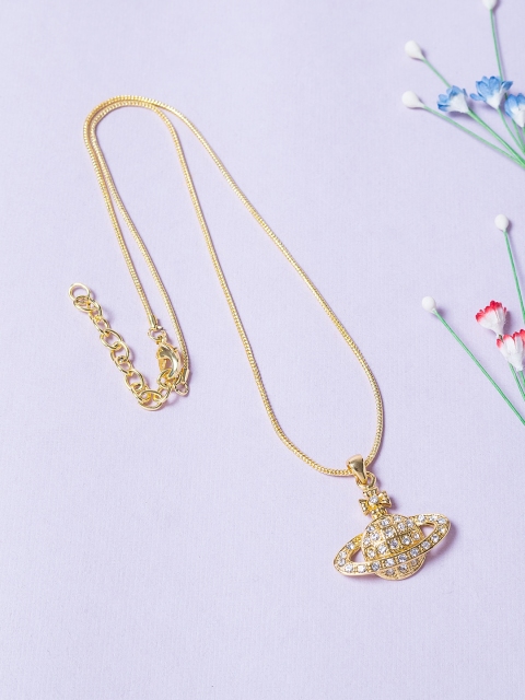 

Golden Peacock Gold-Toned & White CZ-Studded Planet-Shaped Pendant With Chain