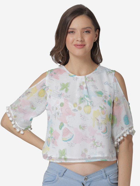 

Modriba Women Off White Floral Chiffon Regular Crop Top