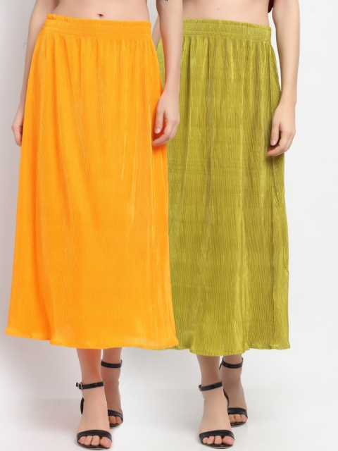 

NEUDIS Women Set Of 2 Green & White Accordion Pleated Maxi Flared Skirts