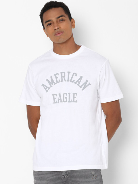 

AMERICAN EAGLE OUTFITTERS Men White & Grey Brand Logo Printed Cotton T-shirt