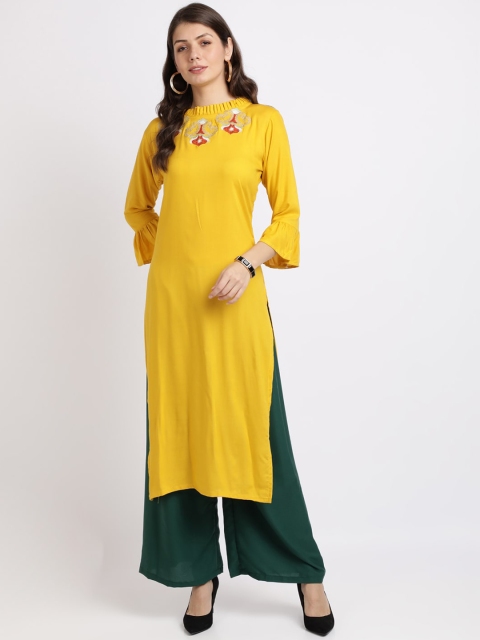 

SAADHVI Women Yellow Floral Embroidered Panelled Kurti with Palazzos